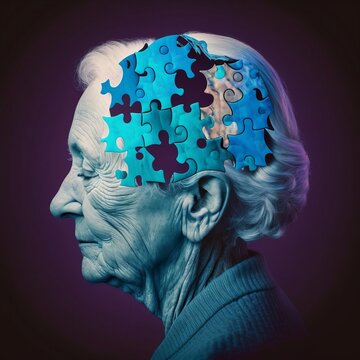 The concept of Alzheimer's disease, An elderly woman, symbolic puzzles, holding the brain, World mental health, Memory loss, dementia, Parkinson's disease, generated in AI