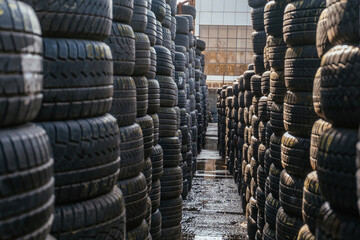 Stack of tires for sale in warehouse - obrazy, fototapety, plakaty