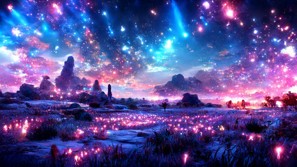 stars in the space, crystals and glowing path, fireflies, Pandora planet, galaxy and stars in the sky, rim light, generative AI, screen background, colorful glows
