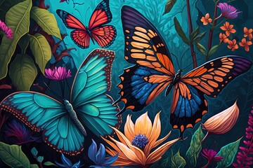 Nature's beauty: garden full of colorful butterflies and flowering plants, generative AI