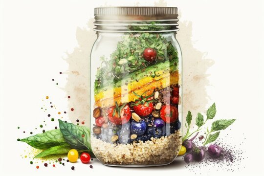 Mason jar salad made with quinoa and vegetables; a notion for a healthy diet, detox, or a vegetarian or clean eating lifestyle. Generative AI