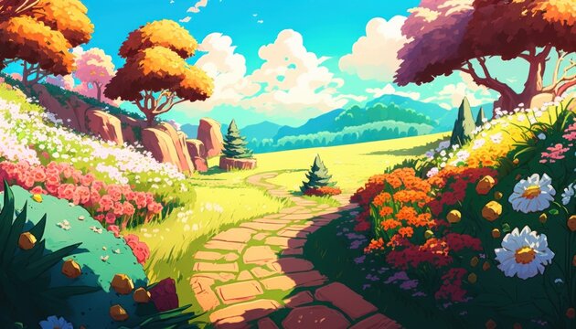 A pretty brightly colored anime style landscape with vibrant flowers and curving paths. Generative AI illustration.
