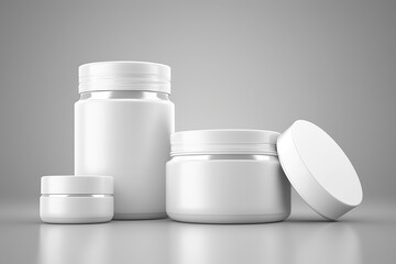 Mockup of elegant white plastic jars for creams of different sizes. Generative AI