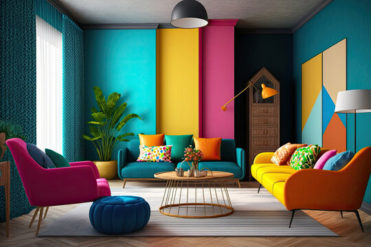 Interior Design Of A Living Room With Brightly Colored , Ai Generated