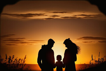 Fototapeta na wymiar happy family together parents with their little baby in a sunset , ai generated