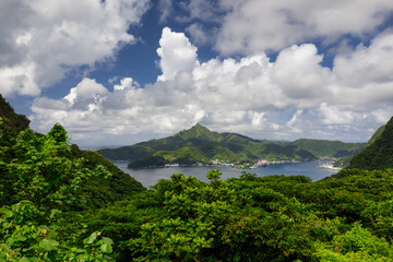 A scenic view of Pago Pago Harbor and Mt. Matafau with the lush green foliage framing the scene and white fluffy clouds in the beautiful blue sky.