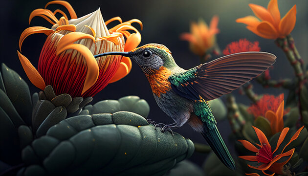 Hummingbird collects pollen from flowers in the rainforest