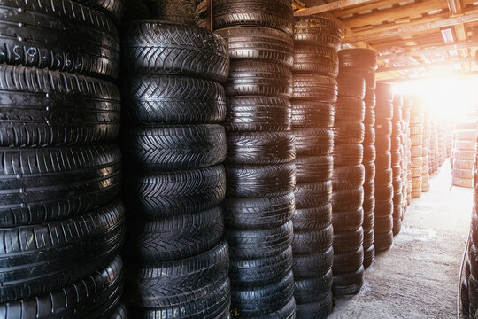 Stack of tires for sale in warehouse