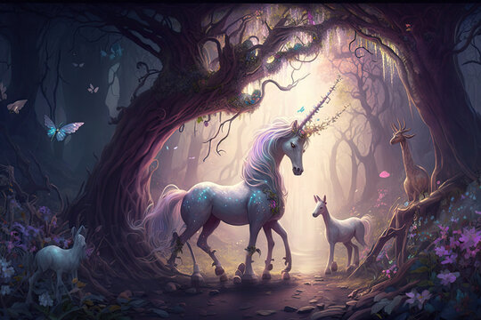 magical forest with unicorns and fairies art illustration , ai generated