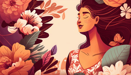 Female greeting card surrounded by flowers and leaves