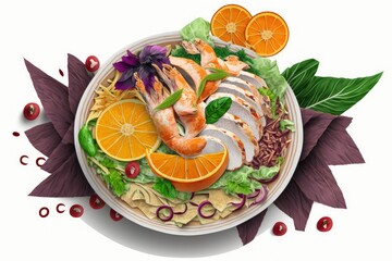 Shredded chicken, mandarin oranges, crispy noodles, red cabbage, napa cabbage, carrots, green onions, and green olives make up a dish of Chinese chicken salad. Generative AI