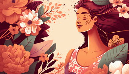 Female greeting card surrounded by flowers and leaves