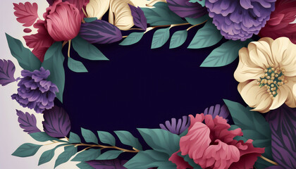 No text Greeting card surrounded by flowers and leaves