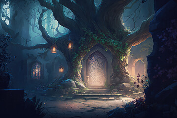 Enchanted fairy forest landscape, misty dark mood. Concept art ai generative