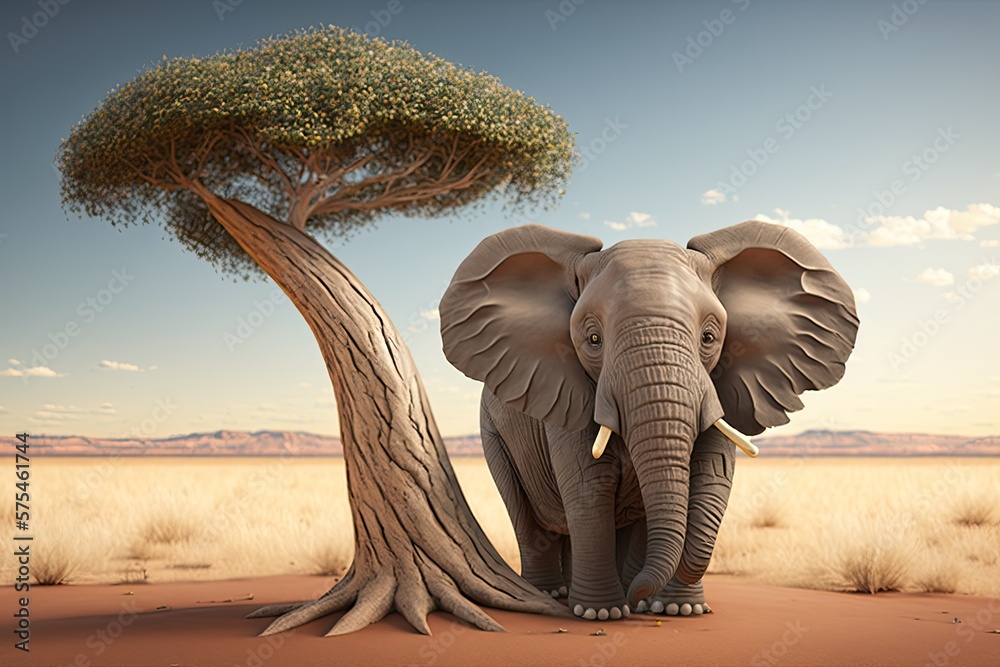 Wall mural Cute Cartoon Elephant on an African Savanna (Created with Generative AI)