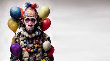 monkey that is a clown dressed in harlequin clothes and some colored balloons, ai Generative