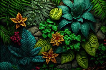 Wall is full of green vegetation. Generative illustration