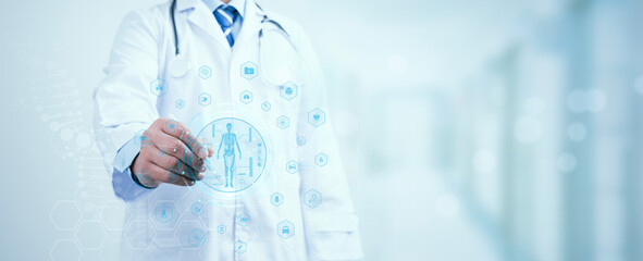 Medicine doctor touching digital interface. DNA.medical technology and futuristic concept.Digital...