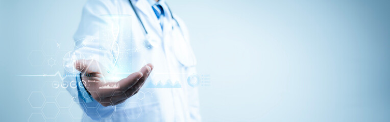 Doctor holding on virtual interface with analysis chromosome DNA genetic of human.Digital...