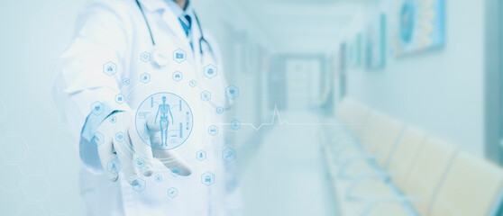 Medicine doctor touching digital interface. DNA.medical technology and futuristic concept.Digital...
