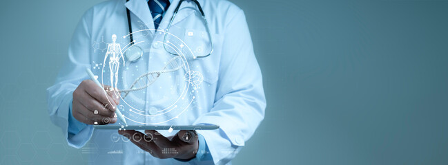 Doctor holding tablet with virtual interface with analysis chromosome DNA genetic of human.Digital healthcare and network connection on modern interface, medical technology and futuristic concept.