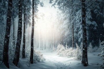 Fototapeta na wymiar Sun rays in an isolated snowy forest after snow (generative AI)