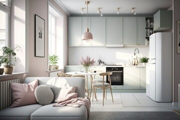 Interior in warm pastel white and beige tones. Beautiful bright kitchen with dining room (Generative AI)