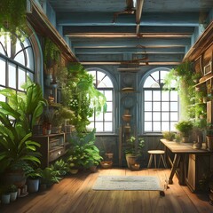 A rustic space with vintage furniture and plenty of plants1, Generative AI