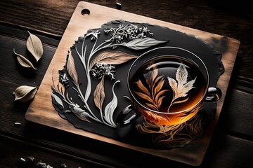 Yummy herbal tea, brewed, set on a black wooden backdrop. Generative AI