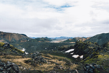 View of amazing landscape in Iceland while trekking famous Laugavegur trail