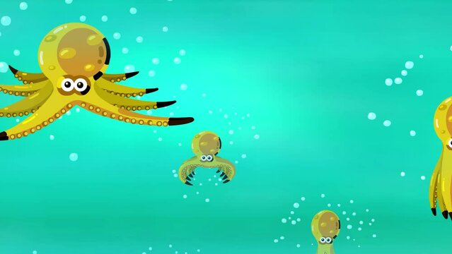 Swimming octopuses cartoon yellow character background. Good for titles, background, etc... Seamless loop. Children animation intro, fairy tales, etc...