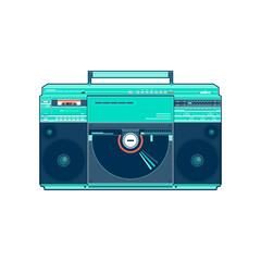 Vector image of a classic Boombox or Ghetto Blaster. Inspired by the Sharp VZ-2500 Linear Tracking Turntable portable stereo model in turquoise and orange