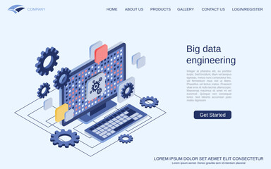 Big data engineering, information processing flat 3d isometric vector concept illustration