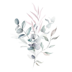 Watercolor floral bouquet with green pink blush leaves branches, for wedding invitations, greetings, wallpapers, fashion, prints. Eucalyptus, olive green leaves, rose.