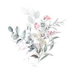 Fototapeta na wymiar Watercolor floral bouquet with green leaves, pink peach blush white flowers leaf branches, for wedding invitations, greetings, wallpapers, fashion, prints. Eucalyptus, olive green leaves, rose, peony.