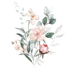 Naklejka na ściany i meble Watercolor floral bouquet with green leaves, pink peach blush white flowers leaf branches, for wedding invitations, greetings, wallpapers, fashion, prints. Eucalyptus, olive green leaves, rose, peony.