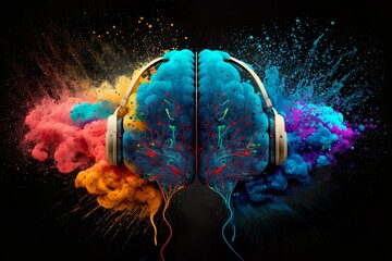 Brain with headphones, colorful powder paint explosion. Music Therapy Concept.