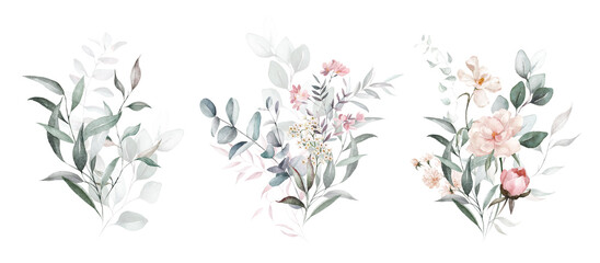 Watercolor floral bouquet set with green leaves, pink peach blush white flowers, leaf branches, for wedding invitations, greetings, wallpapers, fashion, prints. Eucalyptus, olive, rose, peony.