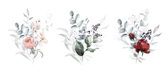 Watercolor floral bouquets set - green leaves, burgundy maroon pink peach blush white flowers leaf branches. Wedding invitations stationery wallpapers fashion prints. Eucalyptus, olive, rose, peony.