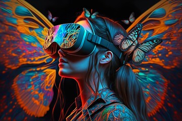 Girl with VR headset exploring metaverse. Generative AI