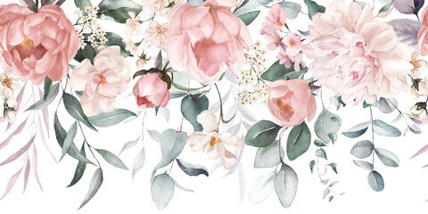 Watercolor floral seamless border with green leaves, pink peach blush white flowers, leaf branches. For wedding invitations, greetings, wallpapers, fashion, prints. Eucalyptus, olive, rose, peony.