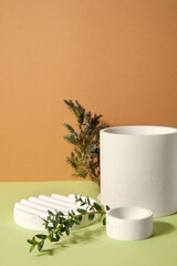 Plaster podiums and green branches on green table against brown background