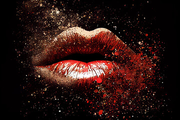 Female lips with red lipstick and glitter beauty make-up. - obrazy, fototapety, plakaty