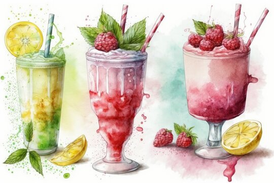 Frozen Smoothie, raspberry sherbet in glasses with fresh lemon and mint. Generative AI