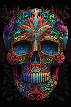 Mexican roses skull. Mexican roses skull. Vector illustration. Dia de los muertos shugar colorful head Generative Ai