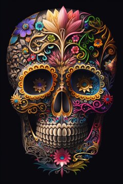Mexican roses skull. Mexican roses skull. Vector illustration. Dia de los muertos shugar colorful head Generative Ai