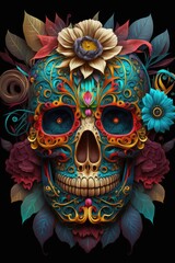 Mexican roses skull. Mexican roses skull. Vector illustration. Dia de los muertos shugar colorful head