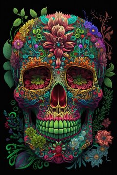Mexican roses skull. Mexican roses skull. Vector illustration. Dia de los muertos shugar colorful head