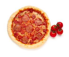 Delicious pepperoni pizza and tomatoes isolated on white background