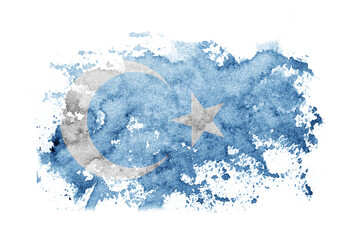 East Turkestan, Uyghurs, Uyghur flag background painted on white paper with watercolor.